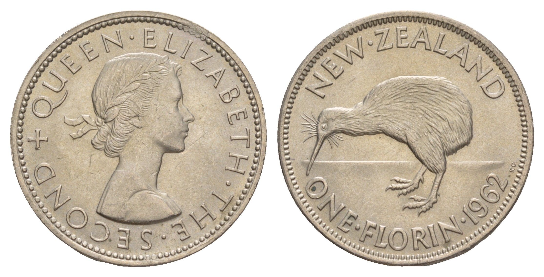 Новая Зеландия 1 флорин = 2 шиллинга 1962 Елизавета II (1952-2022), птичка киви KM 28.2 медно-никель UNC 4650-814