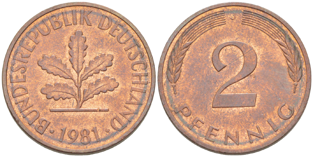 ФРГ 2 ПФЕННИГА 1981 J KM 106а, J. 381а сталь плакированная сталь плакированная медьюю 4181-842