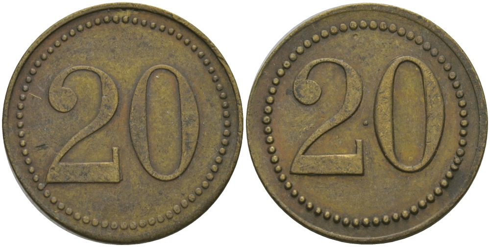 ФРАНЦИЯ 20 САНТИМОВ ND ПЛАТЕЖНЫЙ ЖЕТОН НАЧАЛА XX ВЕКА, ЦИФРЫ НОМИНАЛА 10 ММ., ДИАМЕТР 21 ММ. латунь 98-957