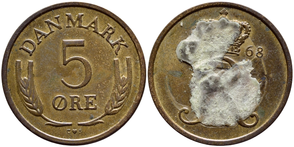 ДАНИЯ 5 ЭРЕ 1968 C; S, ФРЕДЕРИК IX (1947-1972) KM 848.1 бронза 4398-852