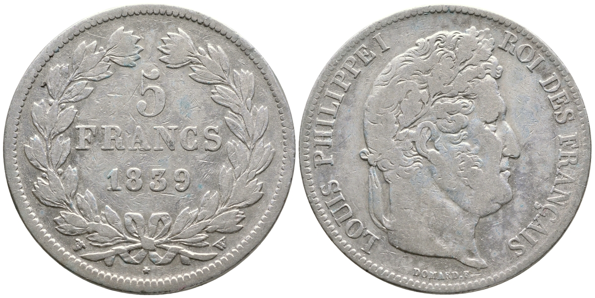 Франция 5 франков 1839 W, Луи Филипп I (1830-1848 )KM 749.13 серебро 1066-6-52