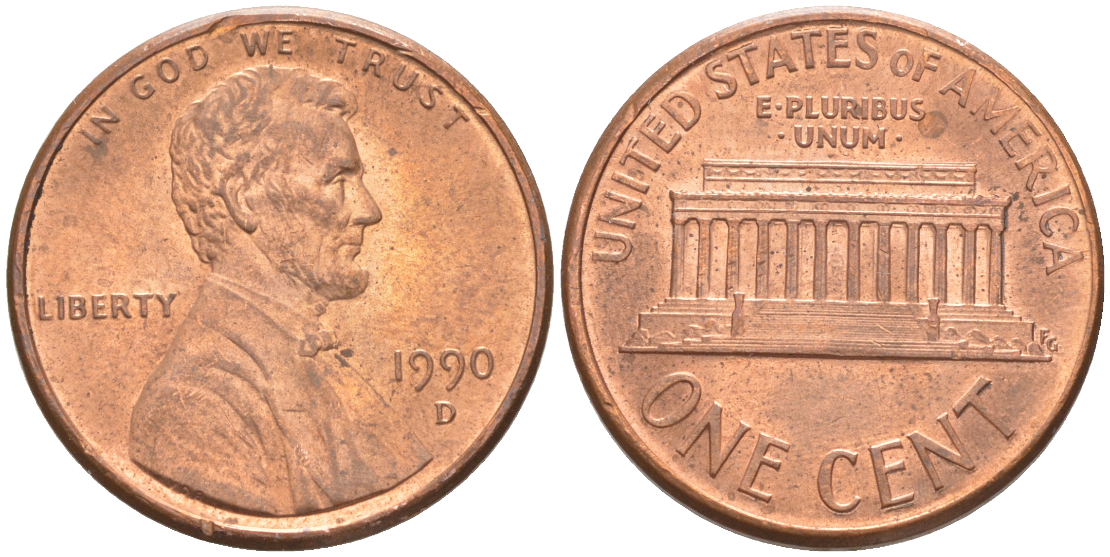 США 1 ЦЕНТ 1990 D KM 201b ЛИНКОЛЬН медь цинк UNC 187-667