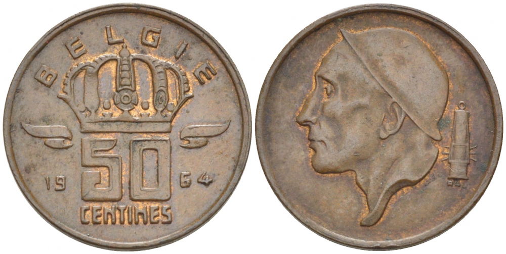 БЕЛЬГИЯ 50 САНТИМОВ 1964 BELGIE KM 149.1 бронза 3996-1251