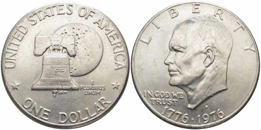 США 1 доллар 1976 D, 200 лет независимости, Президент Эйзенхауэр, колокол, тип I KM 206 медь плакированная медно-никелем 58-921