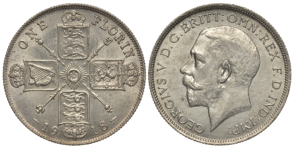 Великобритания 2 шиллинга = 1 флорин 1918 Георг V (1910-1936) KM 817, Spink 4012 серебро UNC 1082-1-62