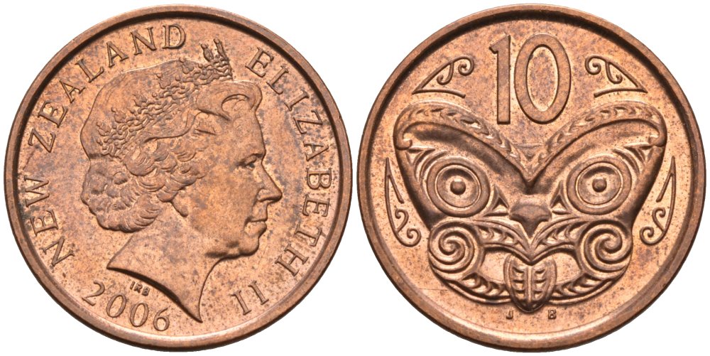 Новая Зеландия 10 центов 2006 Елизавета II (1952-2022), маска маори KM 117а сталь плакированная медью 106-1122