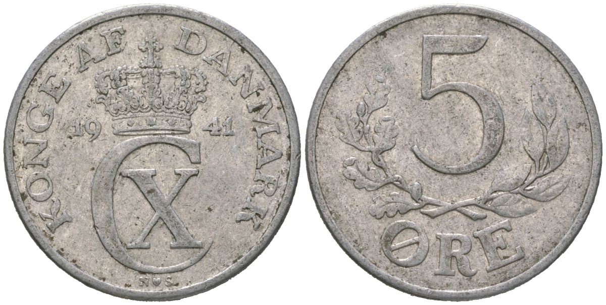 Дания 5 эре 1941 N; S, Кристиан X (1912-1947) KM 834 алюминий 4619-547