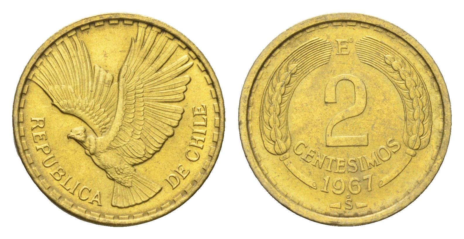 Чили 2 сентесимо 1967 KM 193 алюминиевая бронза UNC 4659-1269