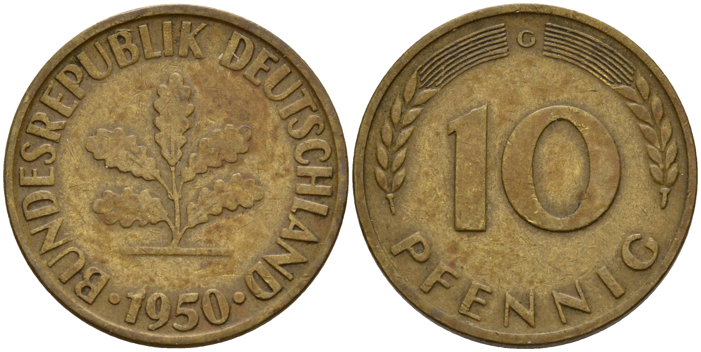 ФРГ 10 пфеннигов 1950 G J. 383, KM 108 сталь плакированная латунью    4603-322