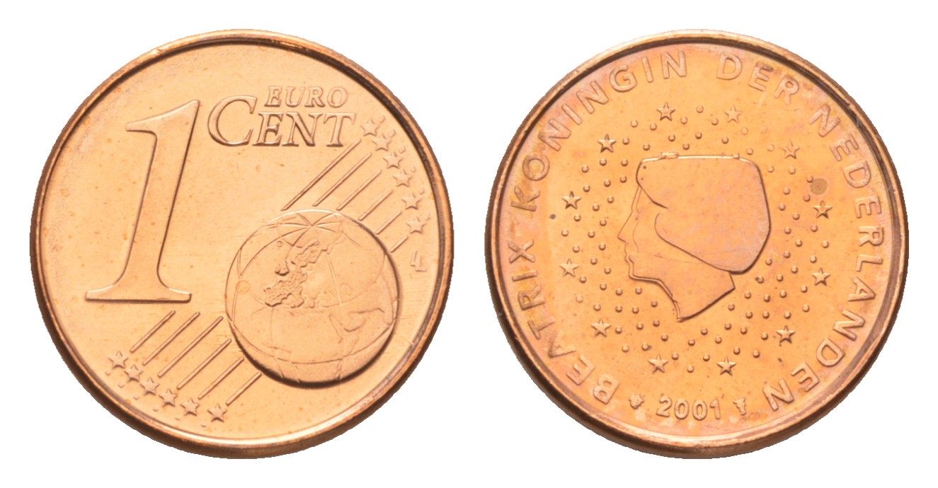 Нидерланды 1 евроцент 2001 Беатрикс (1980-2013), из ролла KM 234 сталь плакированная медью  UNC  M65-01