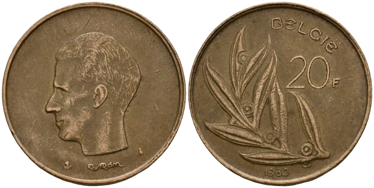 Бельгия 20 франков 1980 Belgie, Бодуэн I (1951-1993) KM 160 никель бронза 4599-142