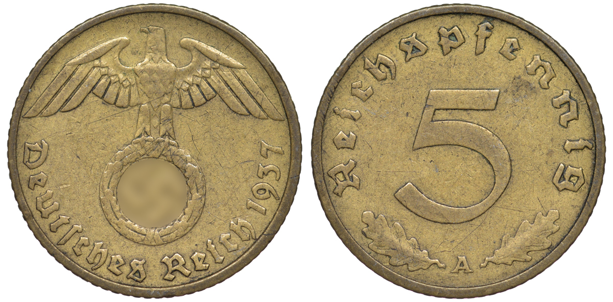 Германия 5 рейхспфеннигов 1937 A KM 91, J. 363 алюминиевая бронза 4602-1252