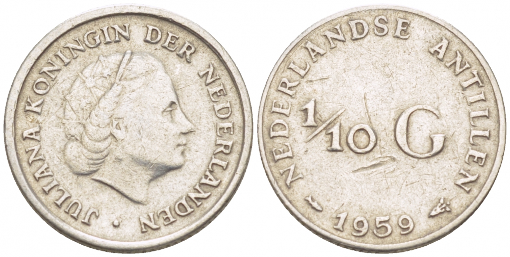Нидерландские Антилы 1/10 гульдена 1959 Юлиана (1948-1980) KM 3 серебро 112-1056