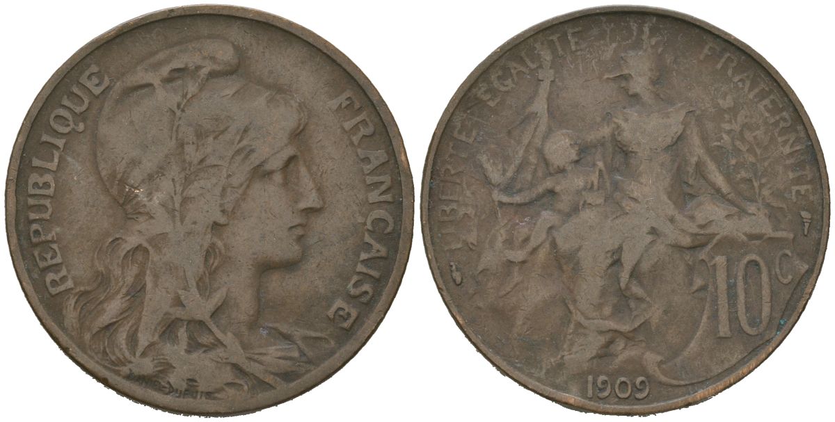 Франция 10 сантимов 1909 KM 843 бронза 221-536