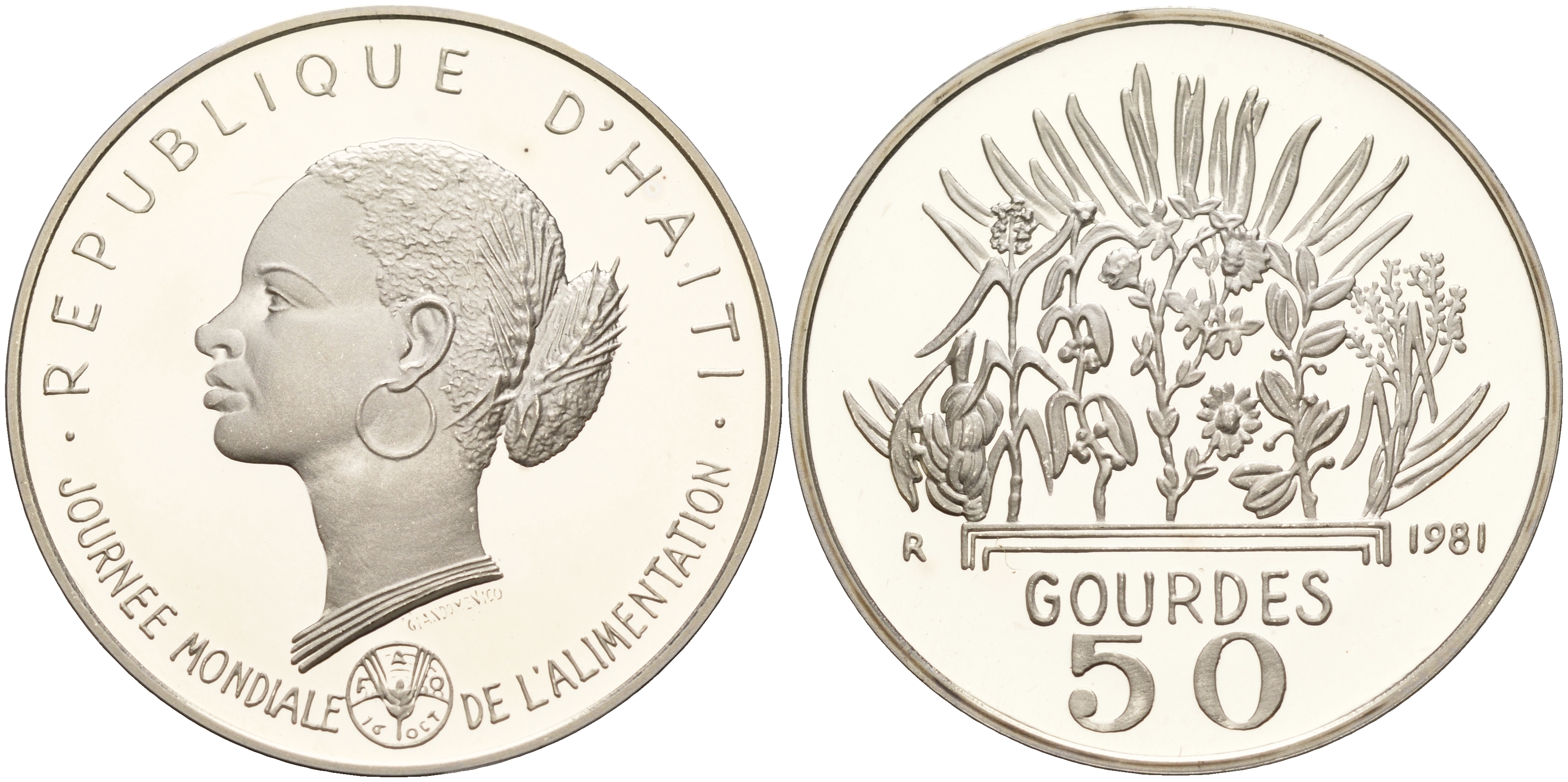 Гаити 50 гурдов 1981 50 лет FAO, голова женщины KM 149 серебро PROOF 1066-1-45