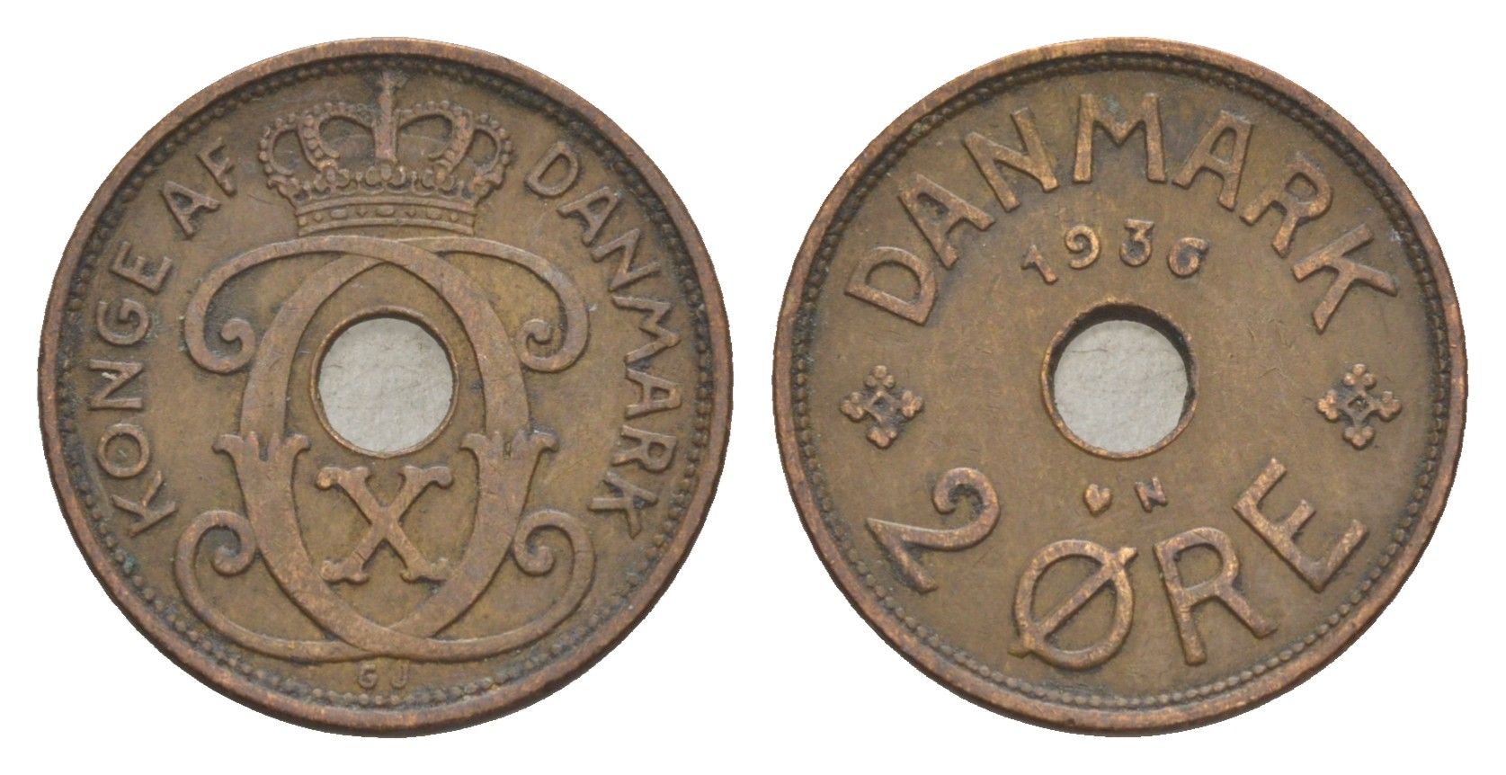 Дания 2 эре 1936 N, Кристиан X (1912-1947) KM 827 бронза 4639-752