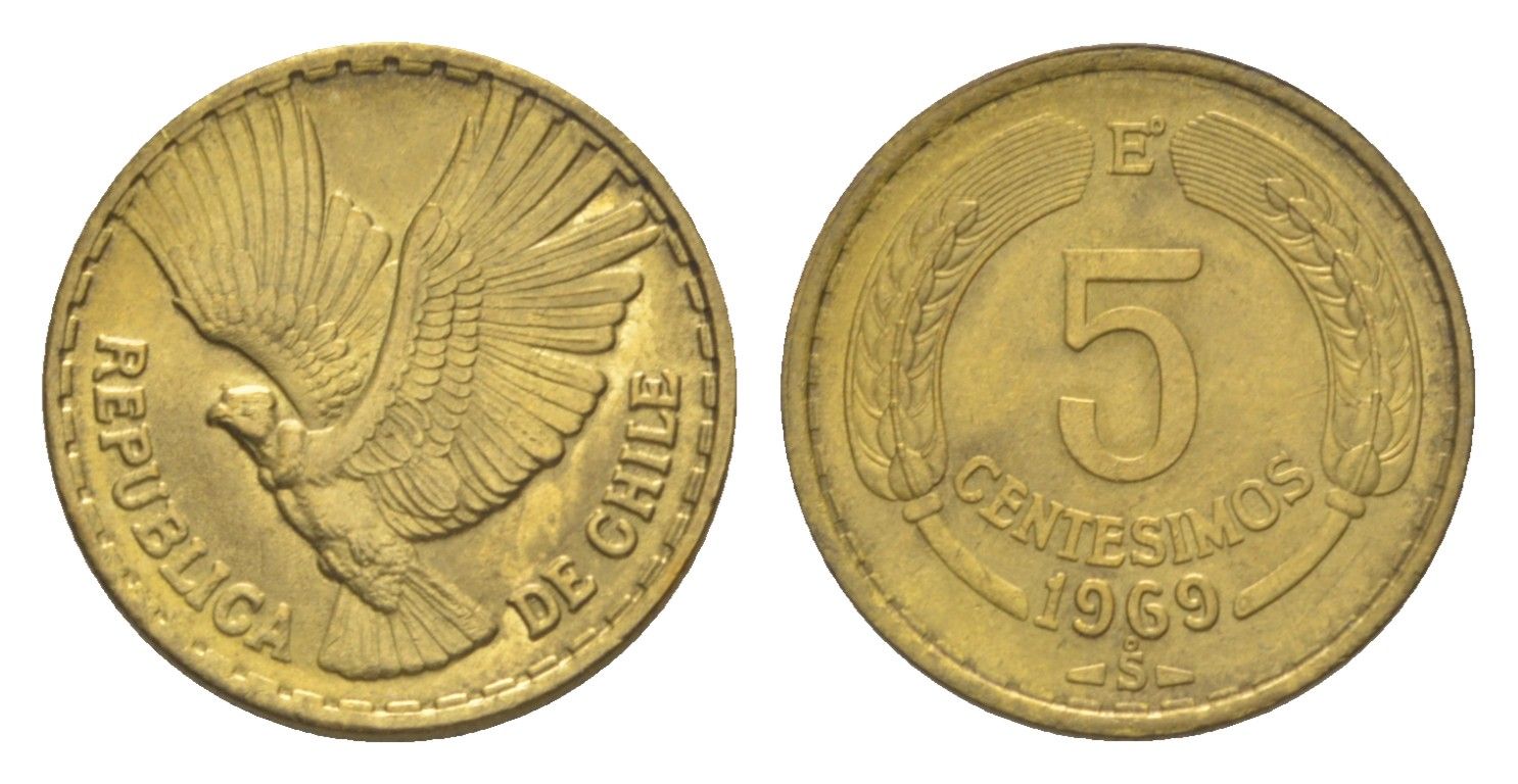 Чили 5 сентесимо 1969 KM 190 алюминиевая бронза UNC 4641-437