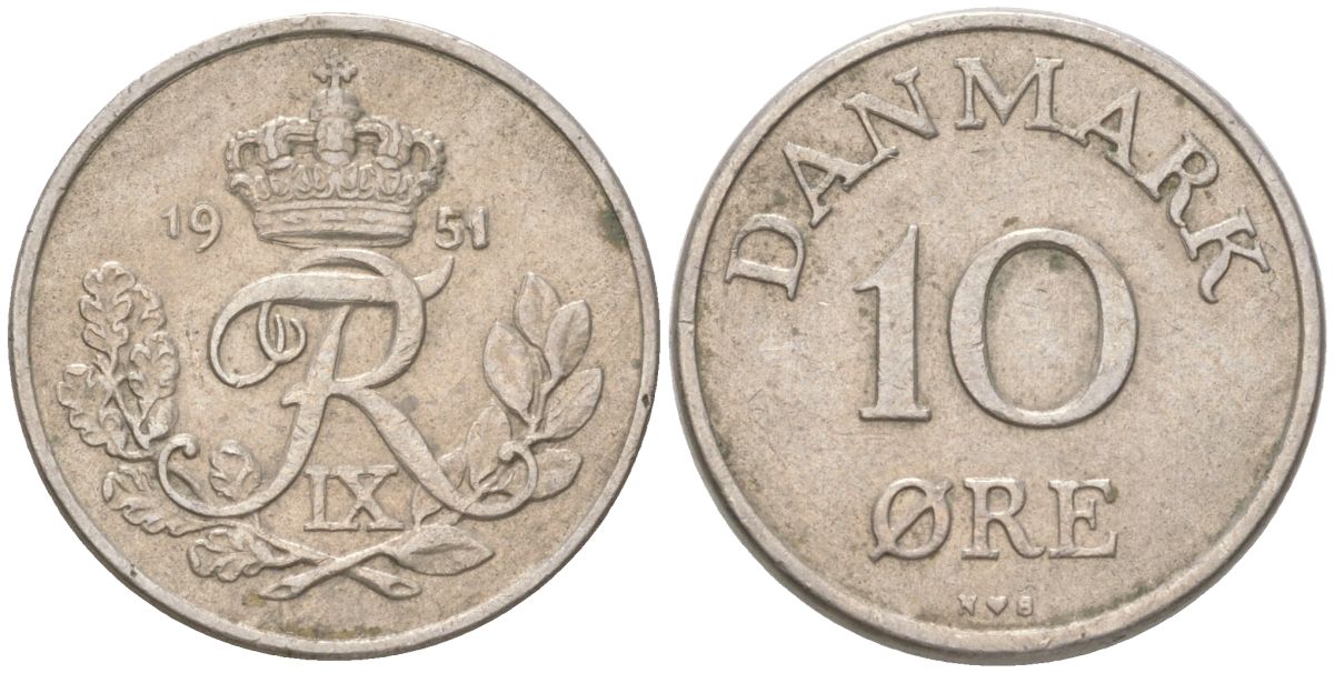 Дания 10 эре 1951 N; S, Фредерик IX (1947-1972) KM 841.2 медно-никель 4613-838