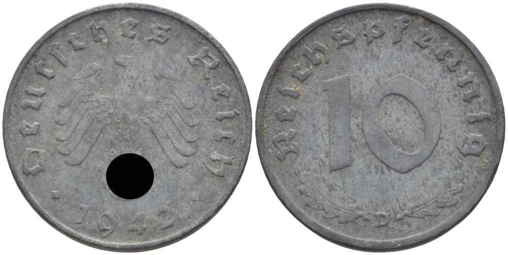 ГЕРМАНИЯ 10 РЕЙХСПФЕННИГОВ 1942 D KM 101, J. 371 цинк 4401-647