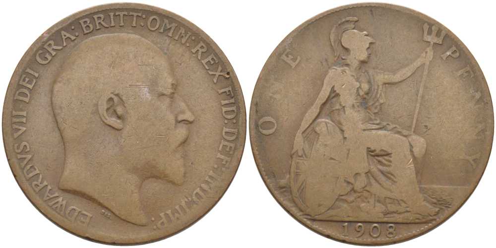Великобритания 1 пенни 1908 Эдуард VII (1901-1910) KM 794.2, Spink 3990 бронза 82-141
