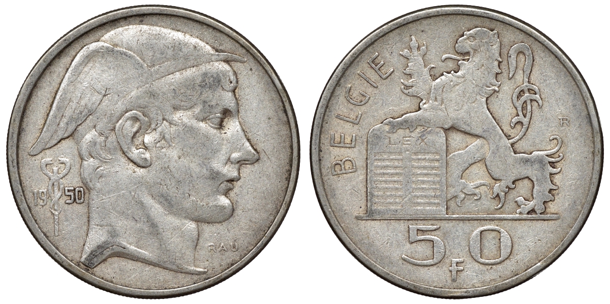 Бельгия 50 франков 1950 Belgie, Лоепольд III (1934-1950) KM 137 серебро    4117-543