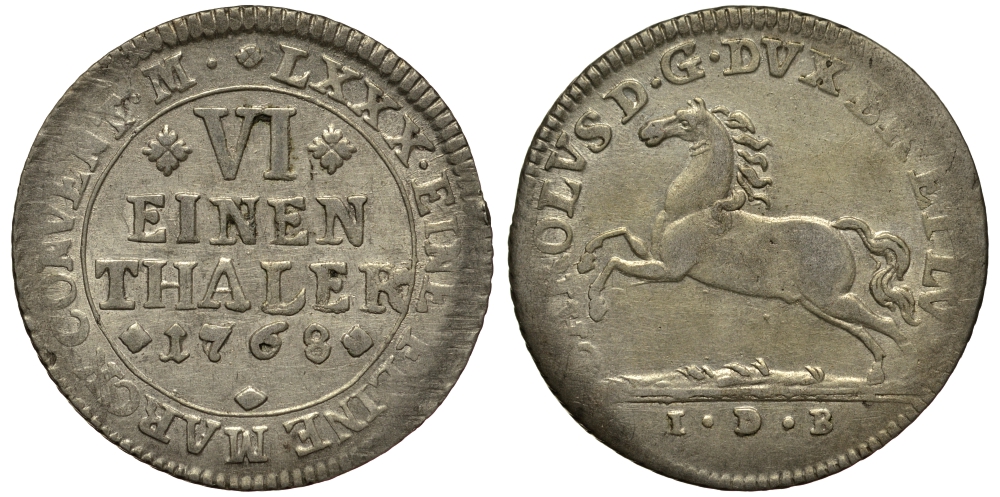 Брауншвейг-Вольфенбюттель 1/6 талера 1768 IDB, вес 5,17 гр. KM 971 серебро 413-2134