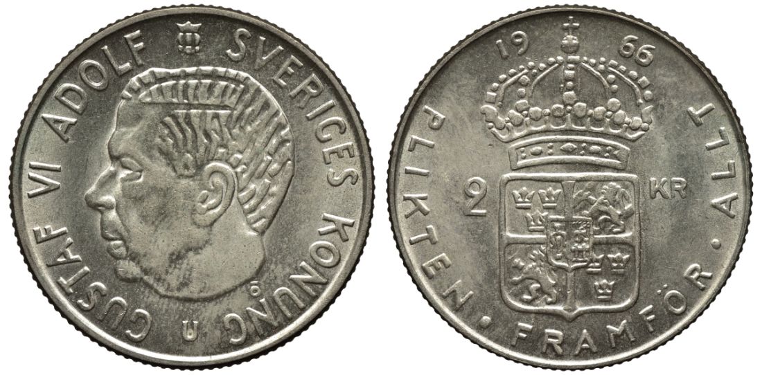 Швеция 2 кроны 1966 U, Густав VI Адольф (1950-1973) KM 827 серебро UNC 221-613