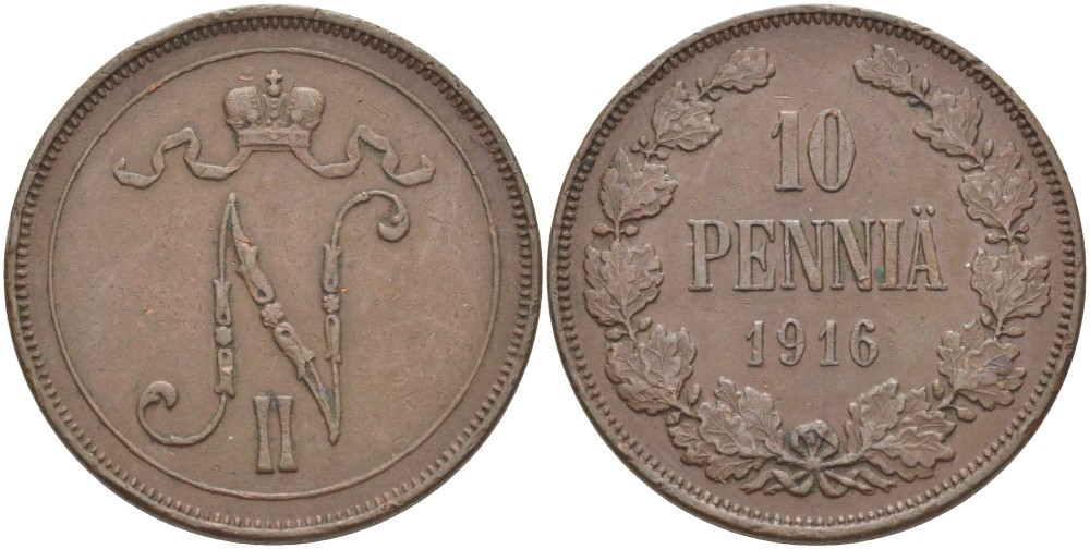 РОССИЯ ДЛЯ ФИНЛЯНДИИ 10 ПЕННИ 1916 НИКОЛАЙ II (1894-1917) KM 14, Биткин 439 медь 4536-845