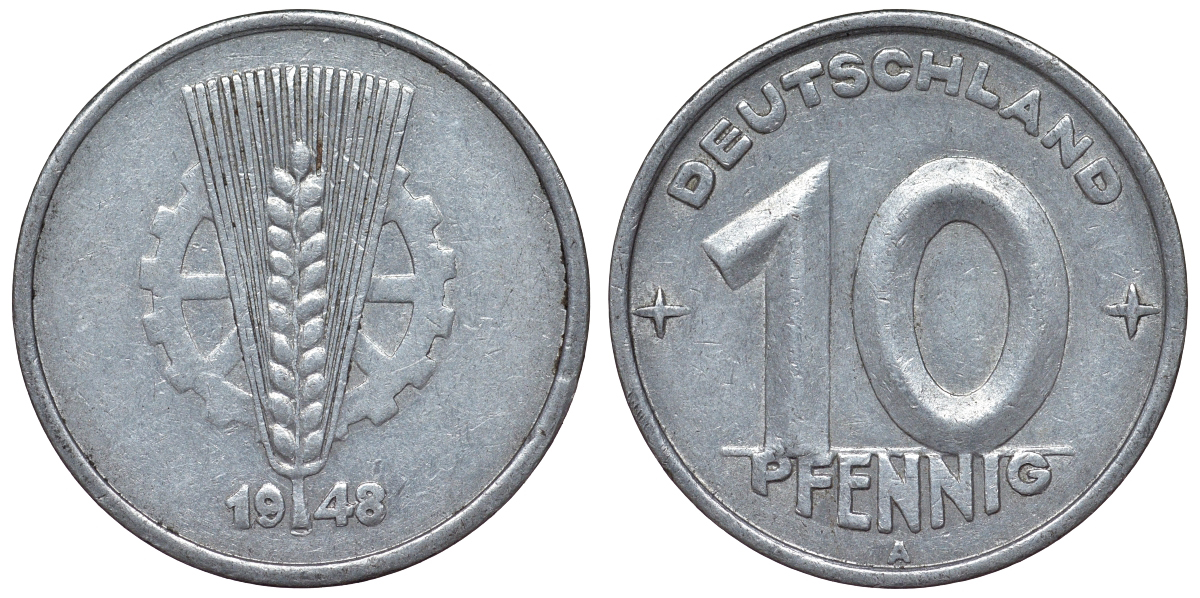 ГДР 10 пфеннигов 1948 A KM 3 алюминий 4119-442