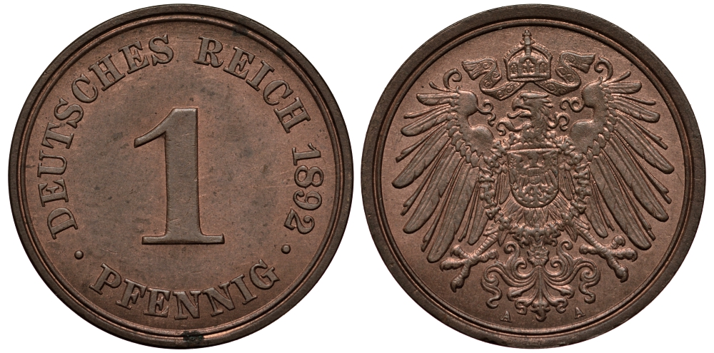 ГЕРМАНИЯ 1 ПФЕННИГ 1892 A KM 10, J. 10 медь UNC 413-3732