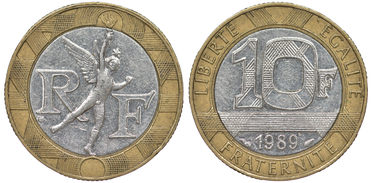 Франция 10 франков 1989 тип гений Бастилии KM 964.1, Le Franc 375.3 биметалл  45-635