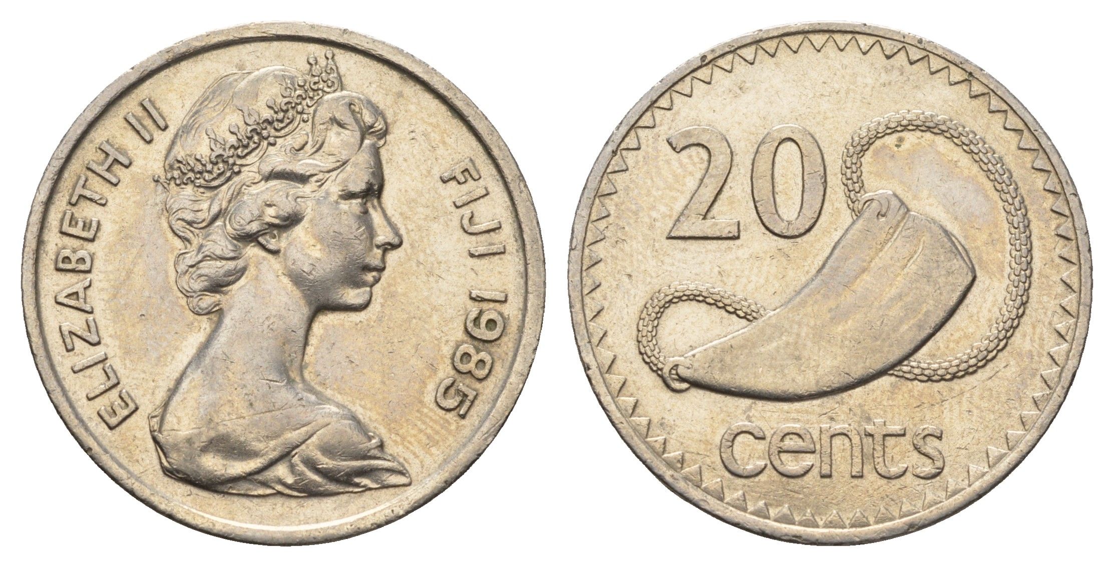Фиджи 20 центов 1985 Елизавета II (1952-2022), китовый зуб KM 31 медно-никель aUNC 4545-736
