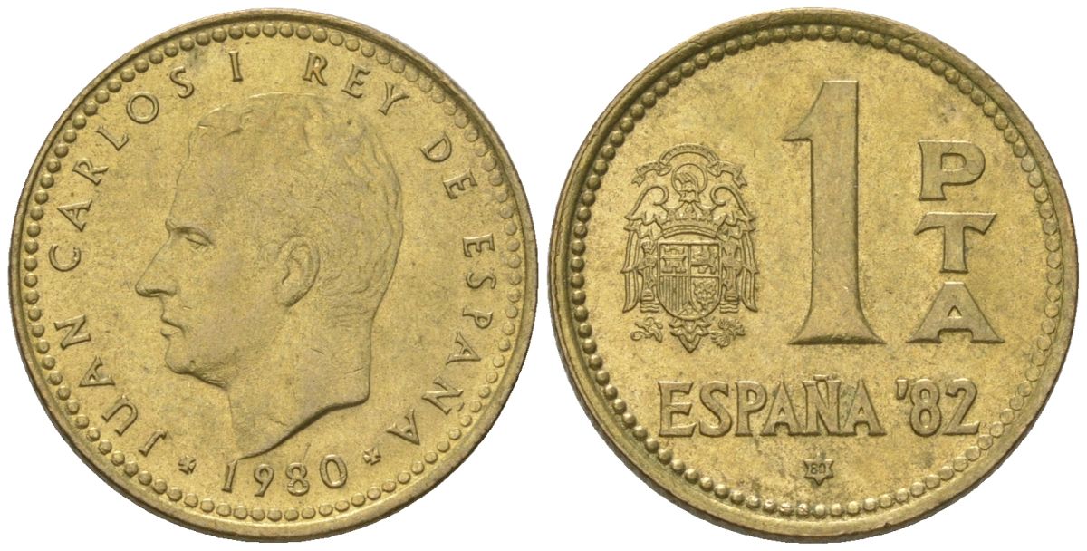 Испания 1 песета 1980 (80), Хуан Карлос I (1975-2014), чемпионат мира по футболу 1982 года в Испании KM 816 алюминиевая бронза UNC 4617-1145