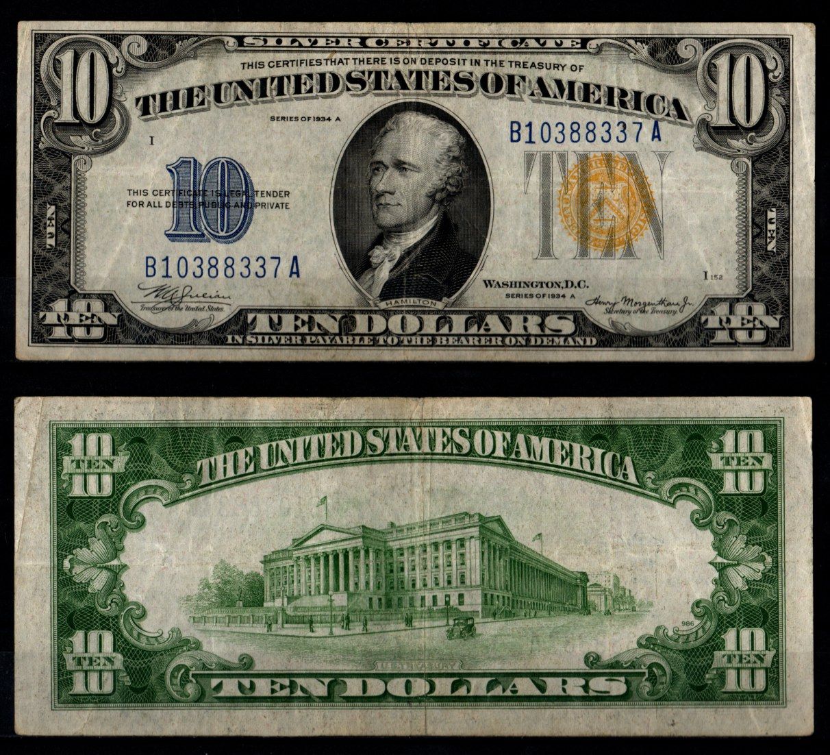 США 10 долларов 1934 Выпущено для военного использования в Северной Африке и на Сицилии во время Второй мировой войны. Желтая печать Pick 415 Y, Fr. 2309 бумага 451-1276-1