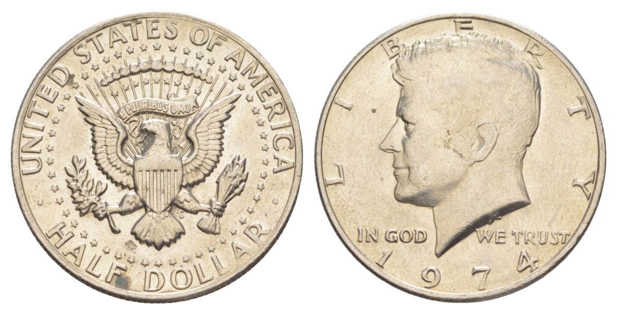 США 1/2 доллара (50 центов) 1974 Джон Кеннеди KM 202b медь плакированная медно-никелем aUNC 4536-623