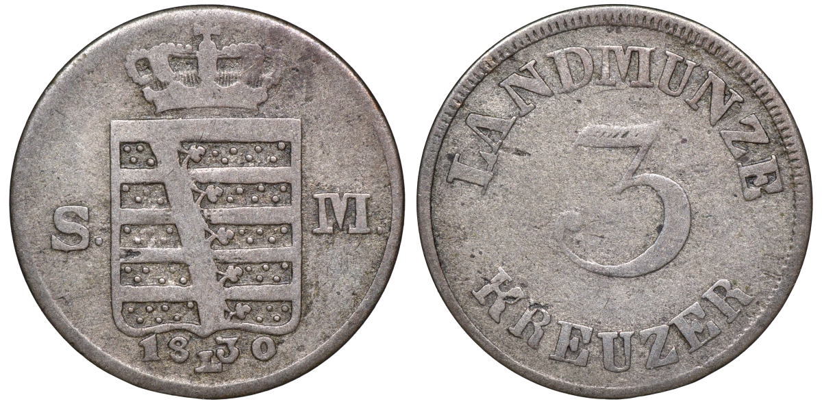 Саксен-Мейнинген 3 крейцера 1830 L, Бернгард II (1803-1866) KM 127, Jaeger 417, AKS 196 серебро    413-6824