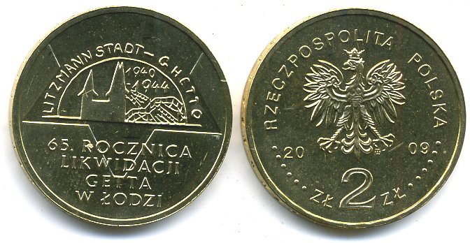 Польша 2 злотых 2009 MW, 65-я годовщина ликвидации Лодзинского гетто KM 692 латунь UNC M6-09