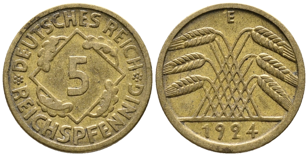 ГЕРМАНИЯ 5 РЕЙХСПФЕННИГОВ 1924 E KM 39, J. 316 алюминиевая бронза 39-534