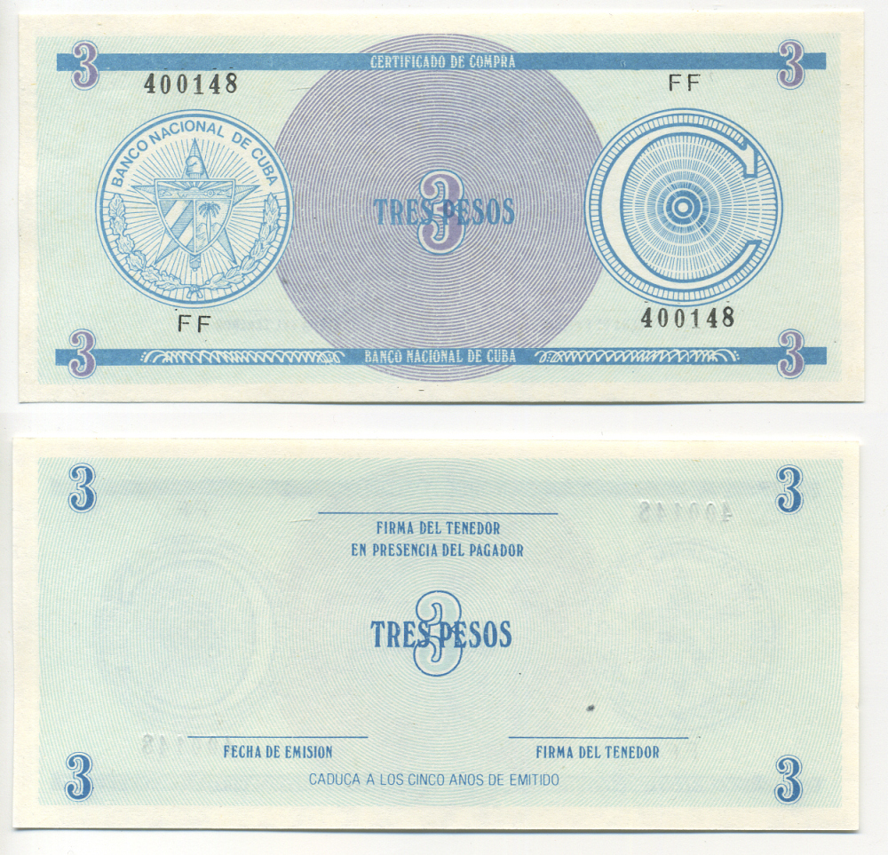 Куба, валютный сертификат 3 песо ND серия C, первый выпуск, голубая Pick FX 12 бумага UNC (пресс) 00-00-00