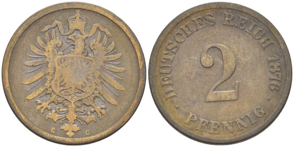 Германия 2 пфеннига 1876 C, старогербовка KM 2, Jager 2, Weege 3 медь 212-644