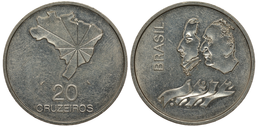 Бразилия 20 крузейро 1972 150 лет независимости KM 583 серебро 272-412