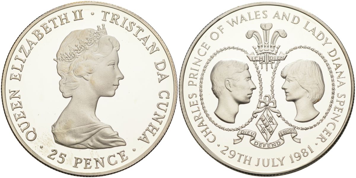 Тристан-да-Кунья 25 пенсов 1981 королевская свадьба принца Чарльза и леди Дианы Спенсер KM 4а серебро PROOF 00-000-00