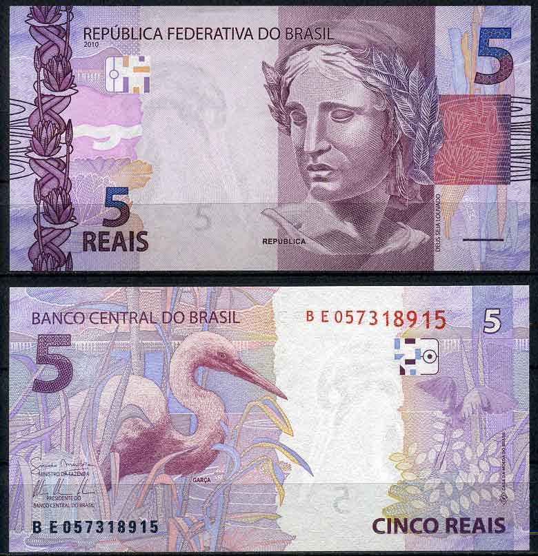 Бразилия 5 реал 2010 голова Республики, цапля Pick 253 a бумага UNC (пресс) 447-30-2