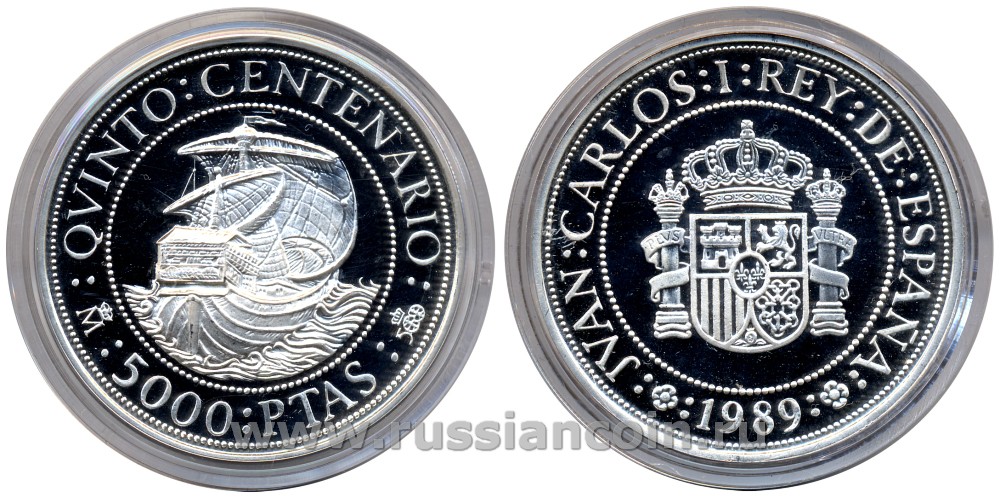 ИСПАНИЯ 5000 ПЕСЕТ 1989 500-ЛЕТИЕ ОТКРЫТИЯ АМЕРИКИ, ПАРУСНИК, в фирменной коробке с сертификатом KM 839 серебро PROOF 5-1-51