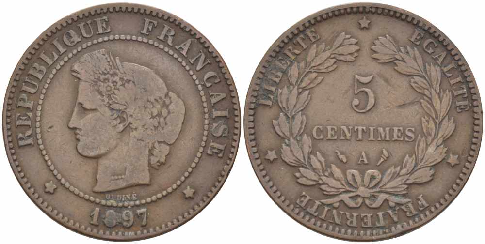 ФРАНЦИЯ 5 САНТИМОВ 1897 A, ТРЕТЬЯ РЕСПУБЛИКА (1871-1940) KM 821.1, LE FRANC 118.41 бронза 108-753