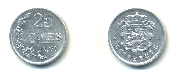 Люксембург 25 сантимов 1970 Герцог Жан (1964-1999) KM 45a.1 алюминий 80-324