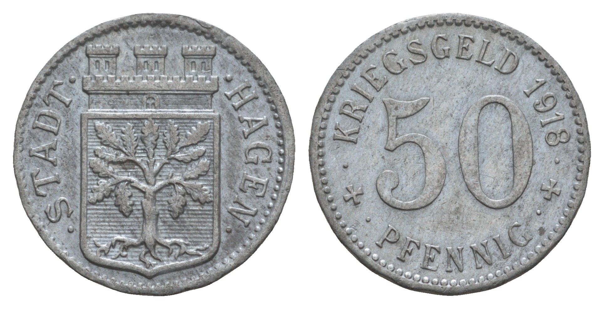 Хаген 50 пфеннигов 1918 Funck 184.4, Men05 10124.6, Men18 12615.6 цинк 4657-1136