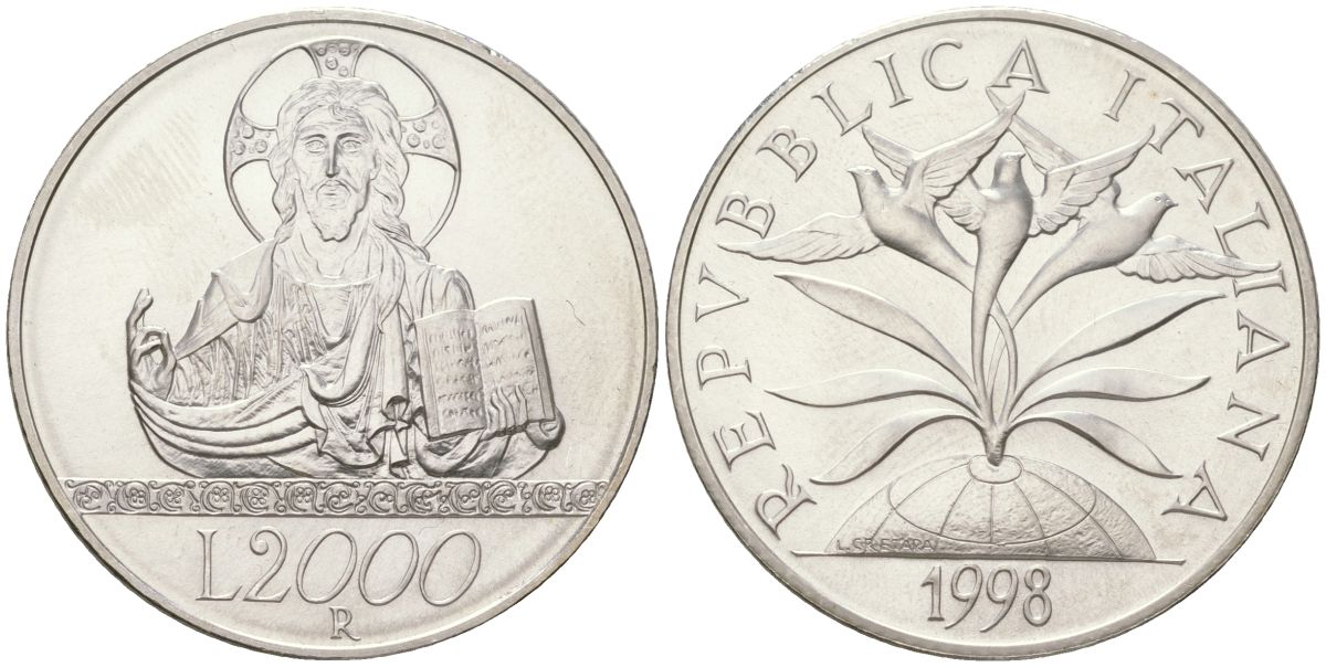 Италия 2000 лир 1998 R, Миллениум - Вера, тираж 36.300 экземпляров KM 195 серебро BU 1529-1243