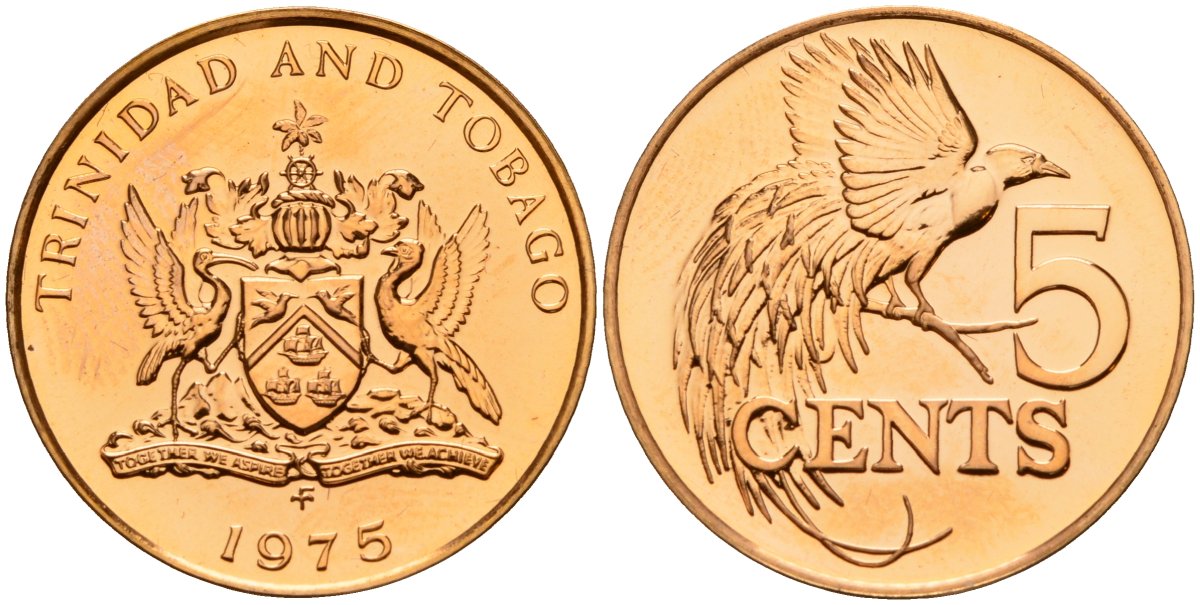 Тринидад и Тобаго 5 центов 1975 FM, райская птица KM 26 бронза PROOF 4161-1014
