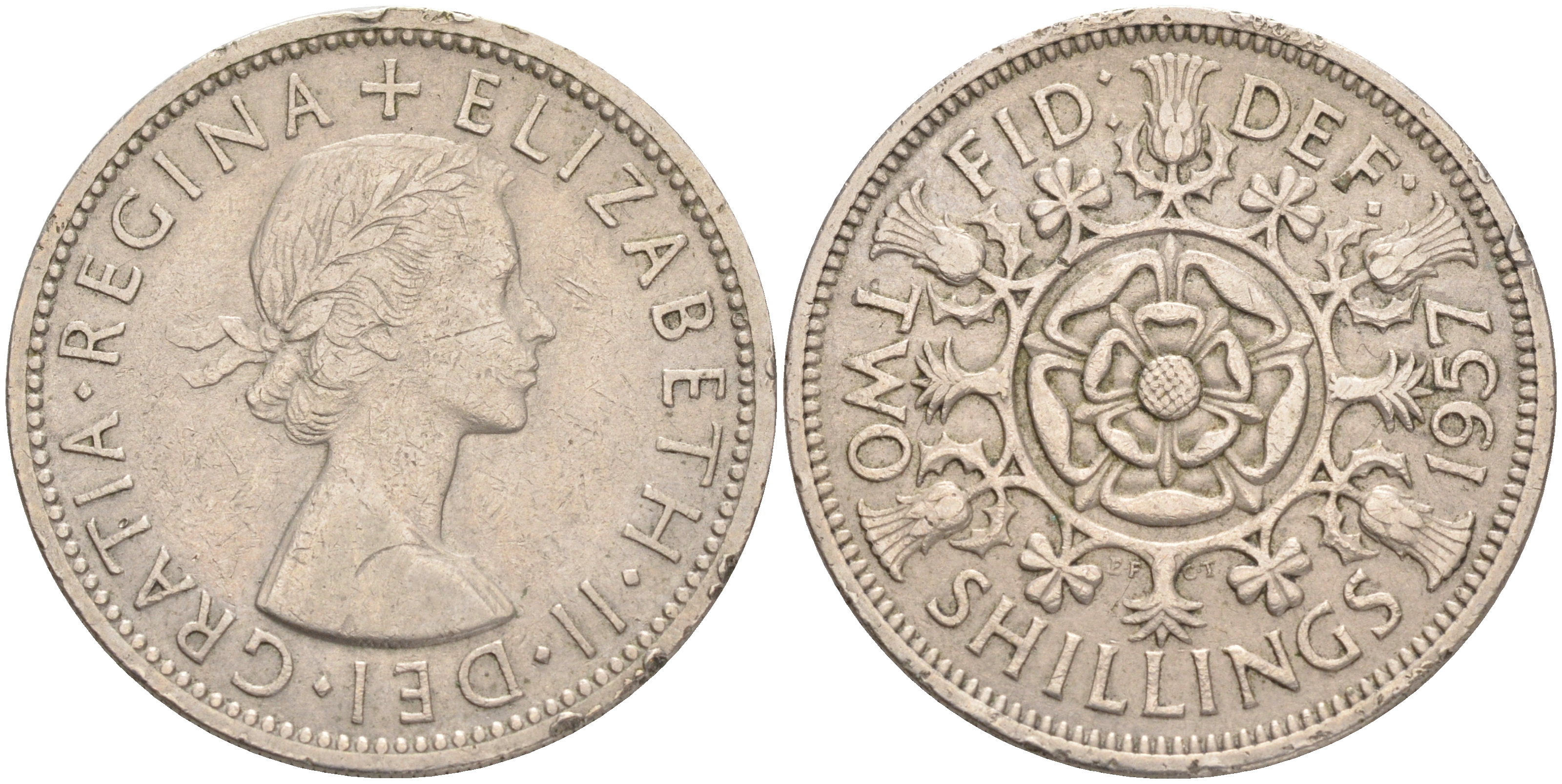 Великобритания 2 шиллинга (флорин) 1957 Елизавета II (1952-2022) KM 906, Spink 4146 медно-никель 189-634